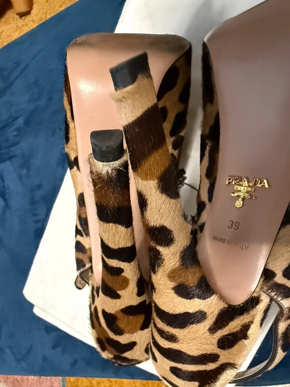 Prada Leopard Print Platform Slingback Heels - Tan & Black